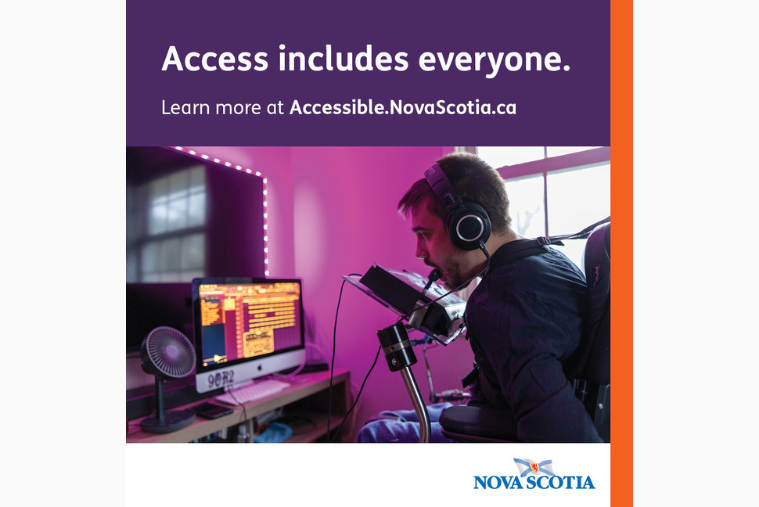 Social post of man using assistive technology for his laptop. There is a purple bar on top with the words "access includes everyone"