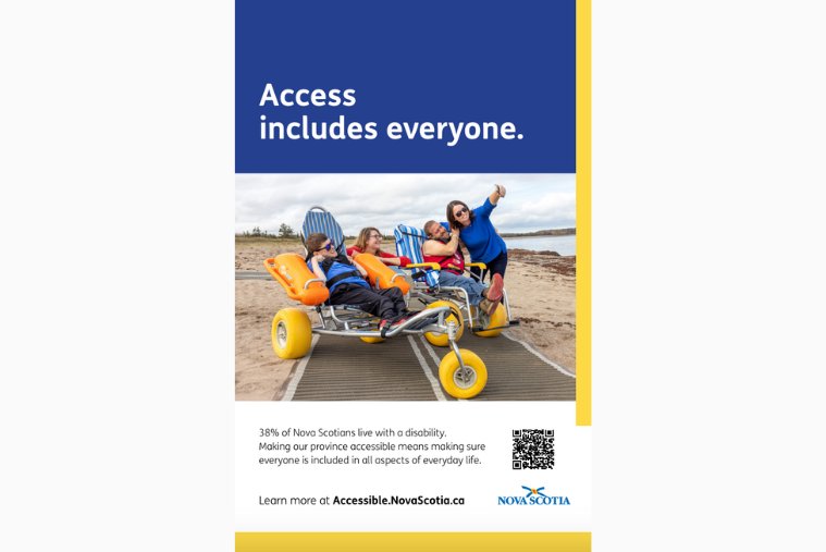 Poster with a photo of a group of people taking a selfie on the beach, one of them is in a beach designed wheelchair. There is a blue bar at the top with the words "access includes everyone"