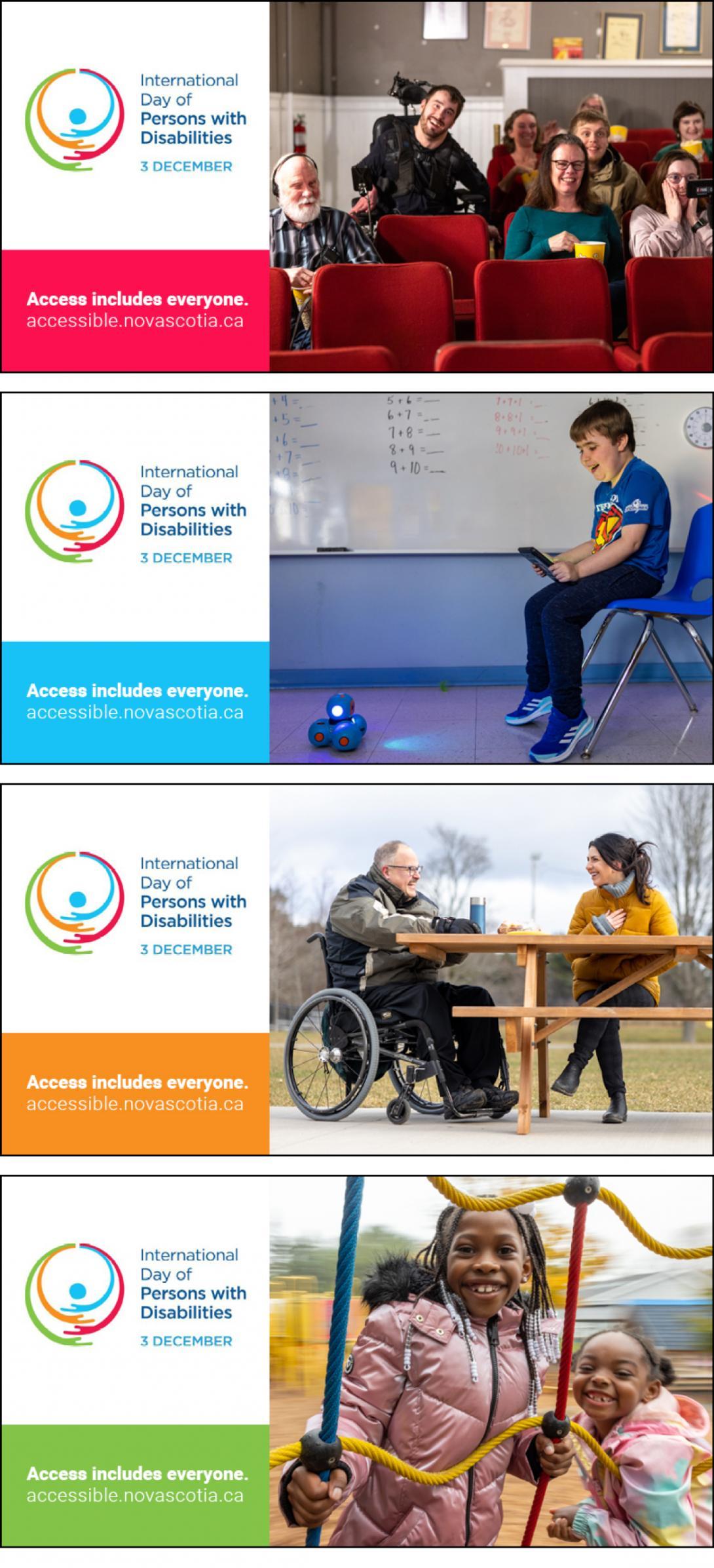 four postcards stacked on top of one another with different colours and images and the text International Day of Persons with Disabilities and access includes everyone - English