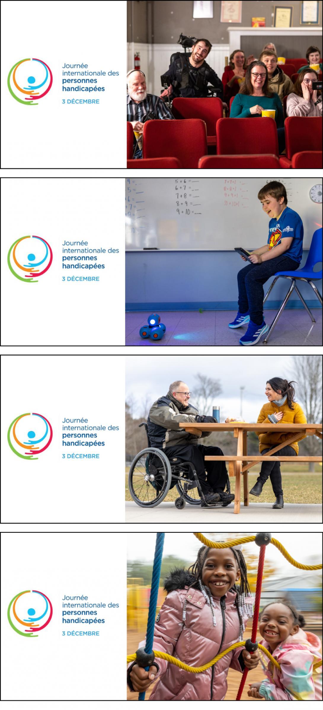 four postcards stacked on top of one another with different images and the text International Day of Persons with Disabilities in French