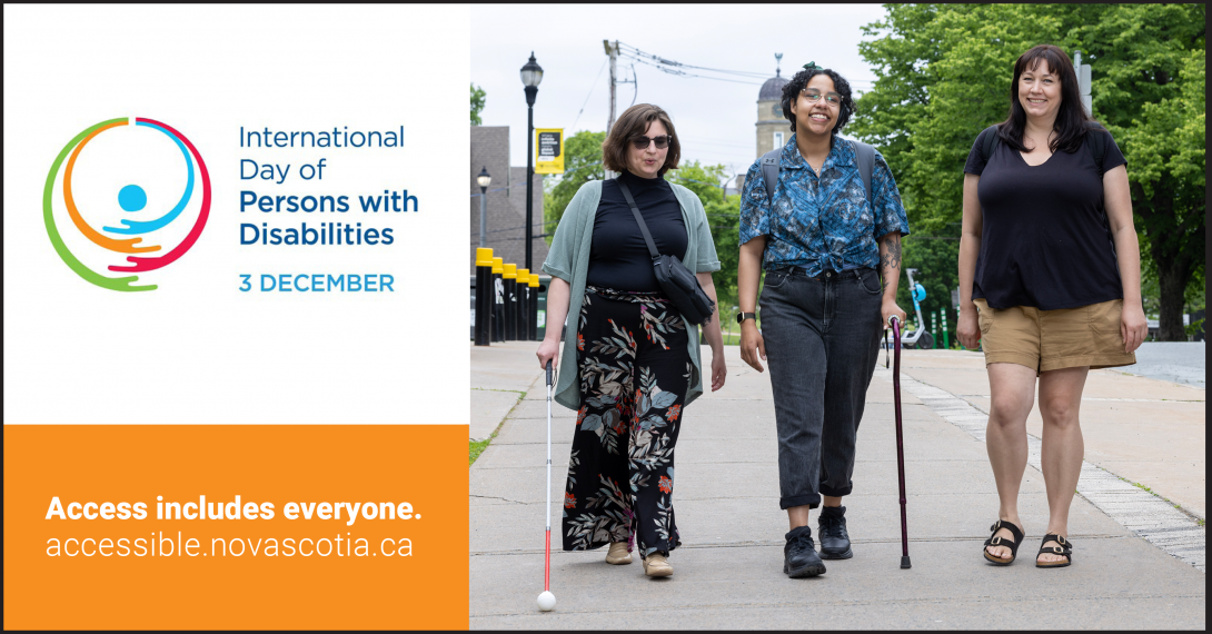 Poster for International Day of Persons with Disabilities. Three people walk outdoors on a university campus. One person is blind uses a white cane, and another uses a can for mobility.