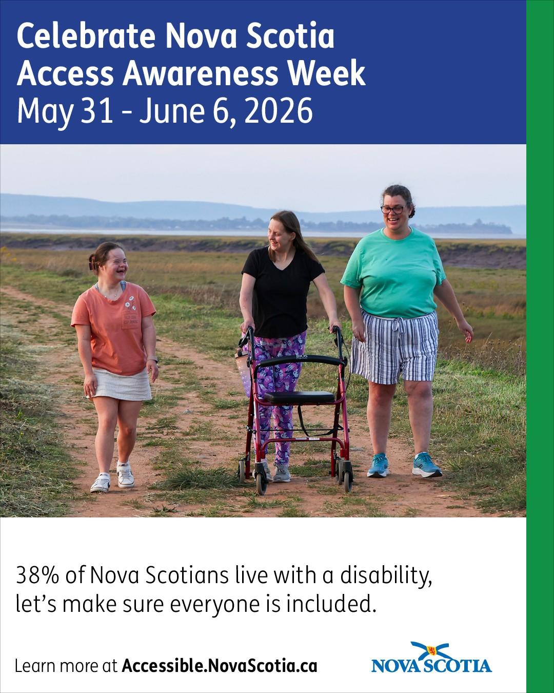 Group of three people walking on a trail outside, one person is using a walker.